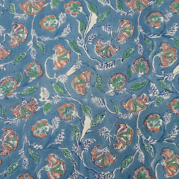 ( PRE-CUT 2 METER ) Pure Cotton Jaipuri Blue With Peach Flower Jaal Hand Block Print Fabric