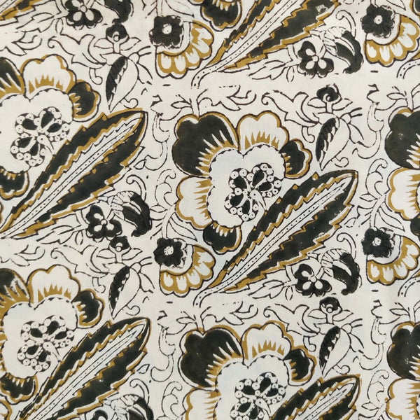 PRE-CUT 80 CM Pure Cotton Jaipuri Cream With Mustard With Black Wild Flower Hand Block Print Fabric