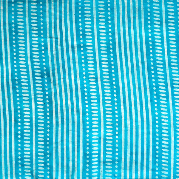 ( PRE-CUT 80 CM ) Pure Cotton Dabu Off White With Blue Stripes Border Hand Block Print Fabric