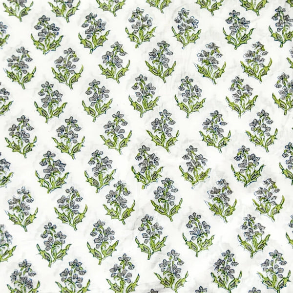 ( PRE-CUT 80 CM ) Pure Cotton Jaipuri White And Green And Grey Flower Motif Hand Block Print Fabric