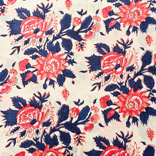 ( PRE-CUT 80 CM ) Pure Cotton Jaipuri White With Pink And Dark Blue Champa Flower Hand Block Print Fabric