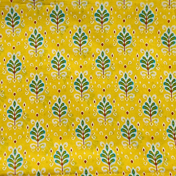 ( PRE-CUT 80 CM ) Pure Cotton Screen Print Yellow With Green Leaves Motif  Design Fabric