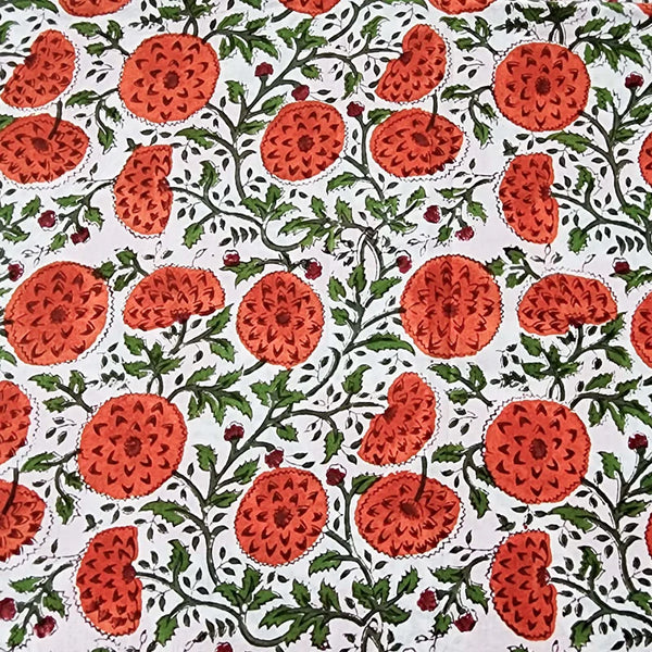 ( PRE-CUT 90 CM Pure Cotton Jaipuri White And Orange Flower Jaal Hand Block Print Fabric