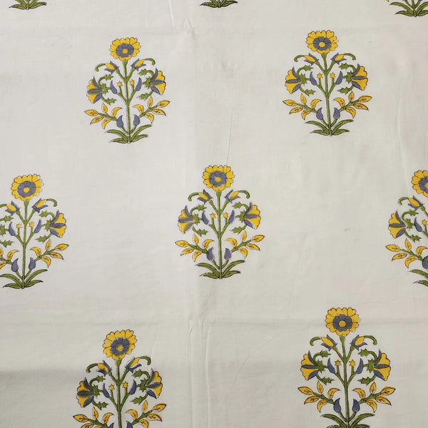 ( PRE-CUT 95 CM ) Pure Cotton Jaipuri White And Green With Yellow Big Motif Hand Block Print Fabric