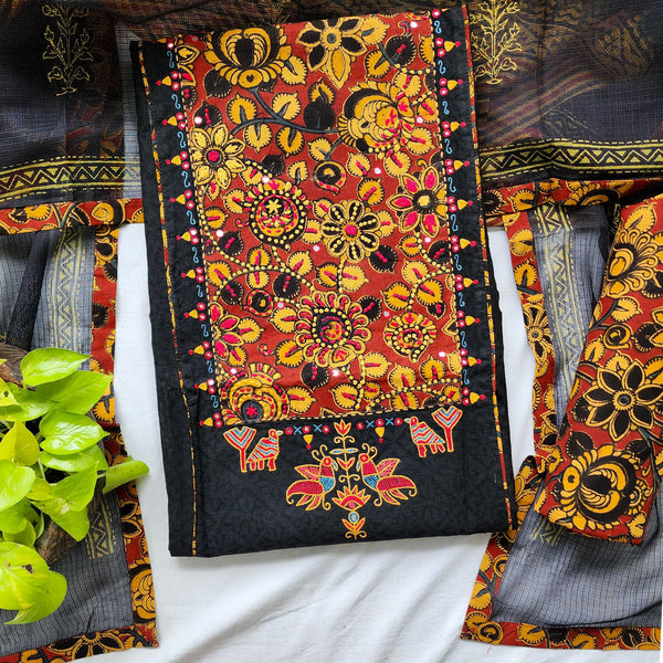 PRUTHA - Pure Cotton Self Printed Top Fabric With Beautifully And Intricately Designed Yoke Pure Cotton Printed Bottom And A Printed Kota Doria Mustard Blue Black Dupatta