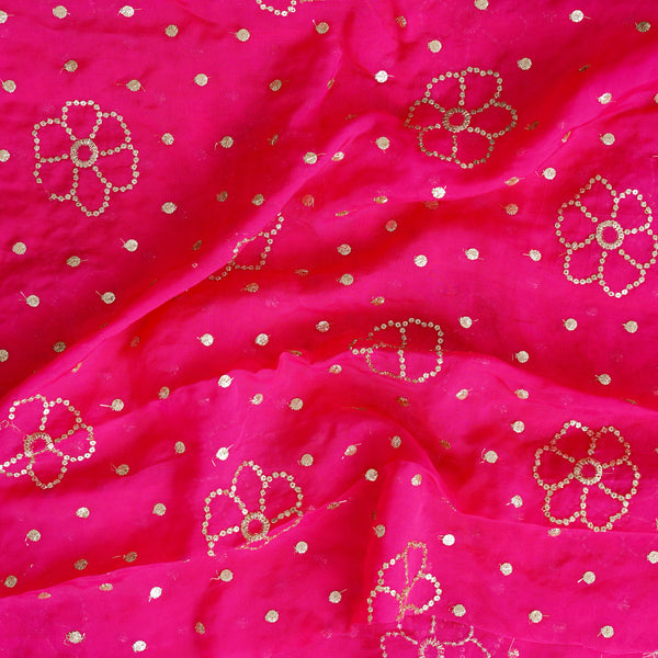 Pink Silk Organza Mukaish Work Fabric