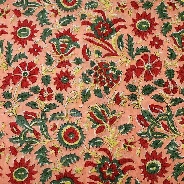 ( Pre Cut 2 Meter ) Pure Cotton Jaipuri Orange With Red Flower Jaal Hand Block Print Fabric