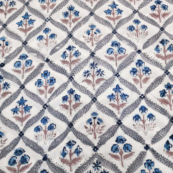 PRE-CUT 1.5 METER  Cotton Jaipuri White With Grey All Over Jaali And Plant In Between Hand Block Print Fabric