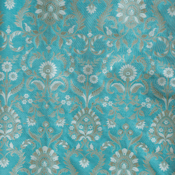 Pure Banarasi Brocade Blue With Goldnish Zari Lotus Flower Jaal Fabric