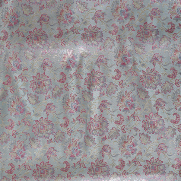 Pure Banarasi Brocade Grey With Pink Silverish Zari Flower Jaal Fabric