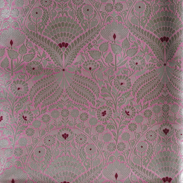 Pure Banarasi Brocade Pink With Plum Sliver Zari With Big Lotus Flower Jaal Fabric