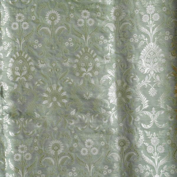 Pure Banarasi Brocade Sea Green With Cream  And Goldenish Zari Big Flower Jaal Fabric