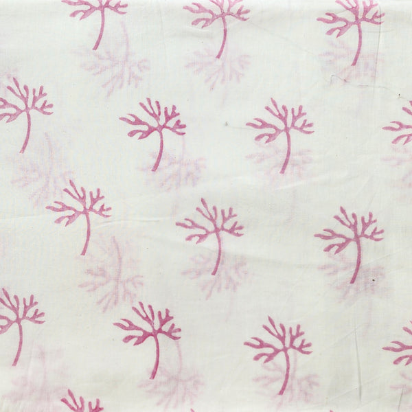 Pure Cotton Jaipuri White With Pink Leaf Motif Hand Block Print Fabric