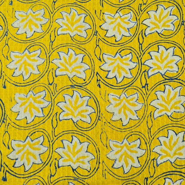 ( Pre-Cut 1.40 Meter )Pure Cotton Doby Dabu Yellow With  White Flowers And Blue Jaal Hand Block Print Fabric