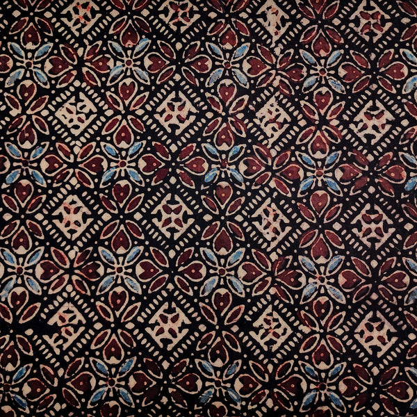 Per Cut (0.80 Meter) Pure Cotton Ajrak Black All Over Star Square Tiles Hand Block Print Fabric