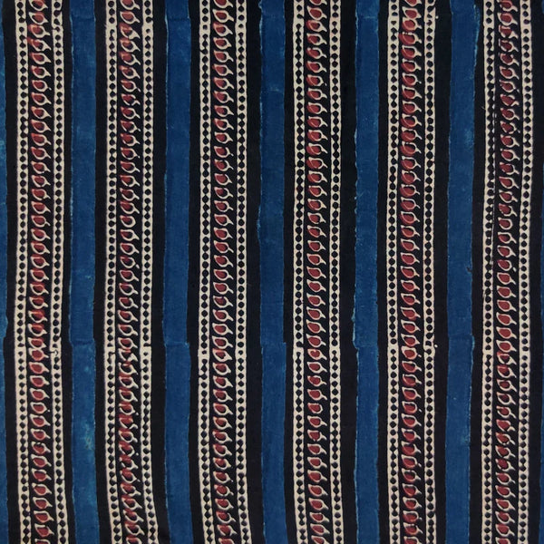 (PRE-CUT 2.30 METER) Pure Cotton Double  Ajrak Black And Blue Intricate Stripes Hand Block Print Fabric