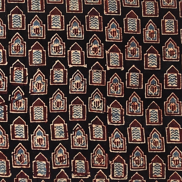 Pure Cotton Ajrak Black With Blue And Maroon Mahal Hand Block Print Fabric