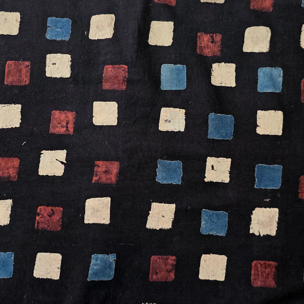 ( PRE-CUT 1 METER ) Pure Cotton Ajrak Black With Blue  And Red With Cream  Square Hand Block Print Fabric