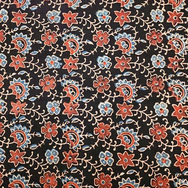 Pre Cut (1.90 Meter) Pure Cotton Ajrak Black With Blue And Rust Flower Jaal Hand Block Print Fabric