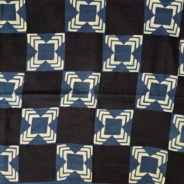 Pure Cotton Ajrak Black With Blue Big Geometrical With Intricate Design Square Hand Block Print Fabric