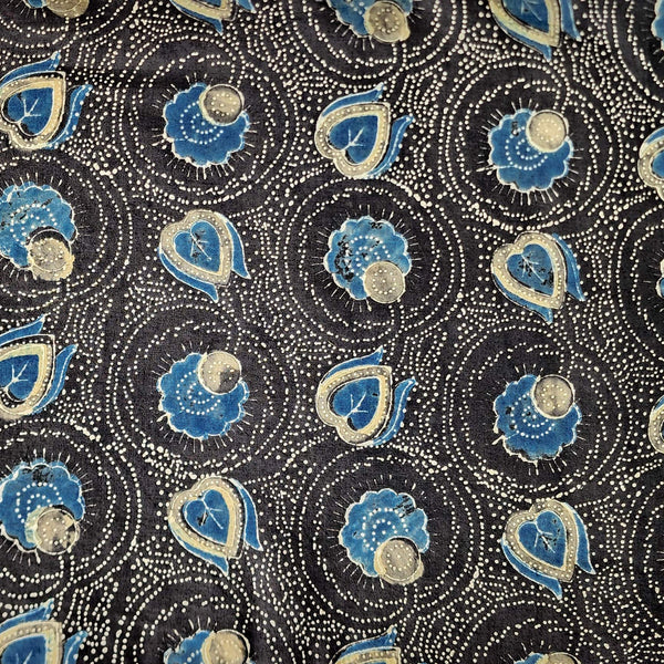 Pure Cotton Ajrak Black With Blue Heart Flower Jaal Hand Block Print Fabric