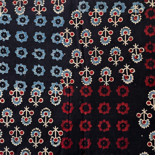 (Pre Cut 0.93 Meter )Pure Cotton Ajrak Black With Blue  With And Cream Different Block Design Hand Block Print Fabric