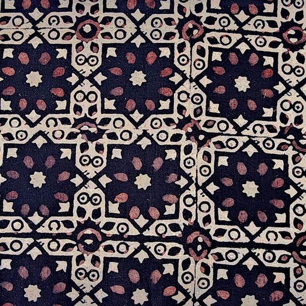 Pure Cotton Ajrak  Black With Cream And Maroon Star Intricate Design Hand Block Print Fabric