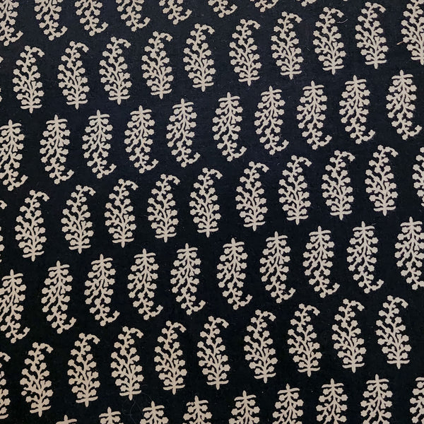 Pure Cotton Vegetable Dyed Ajrak Black With Cream Intricate Flower  Hand Block Print Fabric