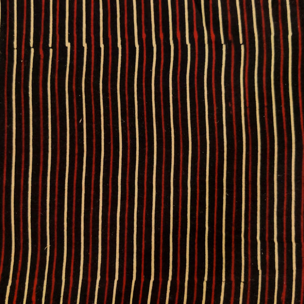 Per Cut (2 Meter) Pure Cotton Ajrak Black With Cream Madder Stripes Hand Block Print Fabric