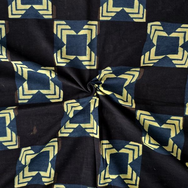 Pure Cotton Ajrak Black With Light Green Big Geometrical With Intricate Design Square Hand Block Print Fabric