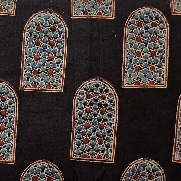 Pure Cotton Ajrak Black With Red And Blue Window Hand Block Print Fabric