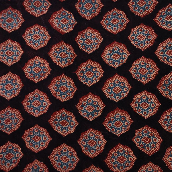 Pre Cut (1.30 Meter) Pure Cotton Ajrak Black With Rust And Blue Design Hand Block Print Fabric