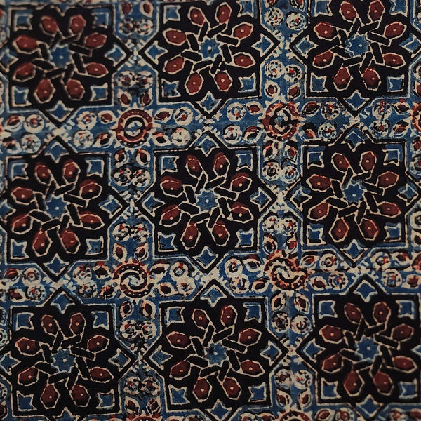 Per Cut (1 Meter) Pure Cotton Ajrak Black With Rust Blue Intricate Flower Design Hand Block Print Fabric