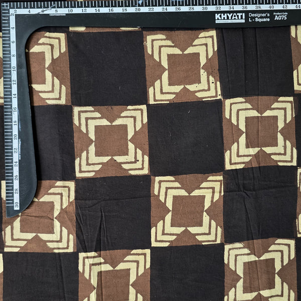 Pure Cotton Ajrak Black With Rust Brown Big Geometrical With Intricate Design Square Hand Block Print Fabric