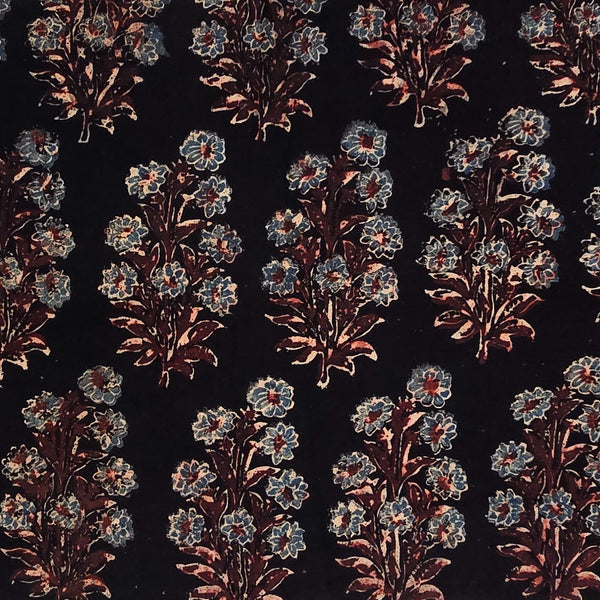 Pure Cotton Ajrak Black With Rust Red With Blue Flower Plant Motif Hand Block Print Fabric