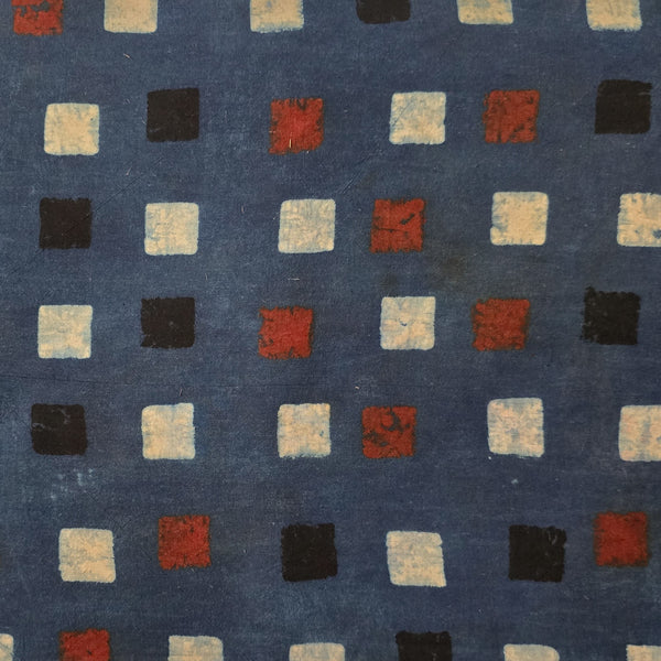 Pure Cotton Ajrak Blue With Black  And Red With Cream Square Hand Block Print Fabric