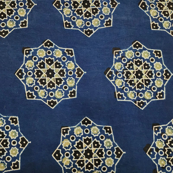 (Pre-Cut 1 Meter) Pure Cotton Ajrak Blue With Cream And Black And Blue Big Flower Intricate Design Hand Block Print Fabric