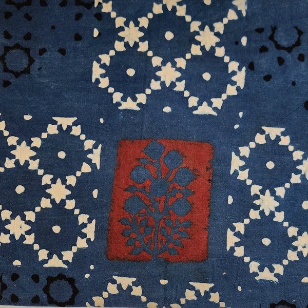 Pure Cotton Ajrak Blue With Cream With Red And Black Different Block Patches Hand Block Print Fabric