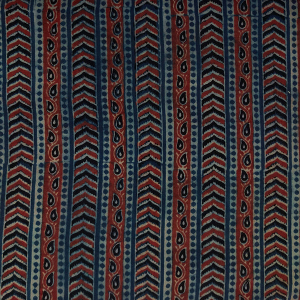 ( Pre-Cut 2 Meter ) Pure Cotton Ajrak Blue With Madder Black Tribal Stripes Hand Block Print Fabric