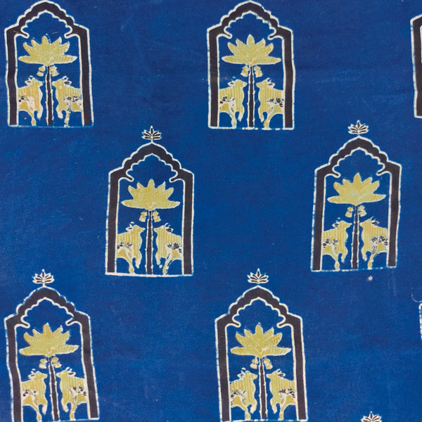 ( Pre-Cut 2 Meter ) Pure Cotton Ajrak Blue With Mustard Big Window With Intricate Design Hand Block Print Fabric