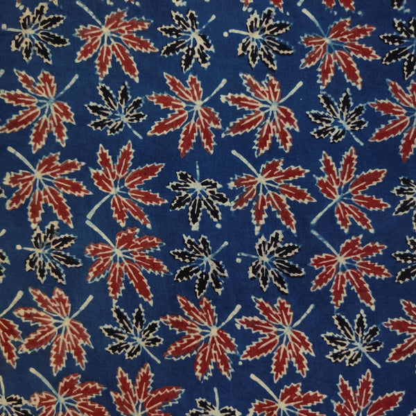 (Pre Cut 0.80 Meter )Pure Cotton Ajrak Blue With Red Black Oak Leaf Hand Block Print Fabric