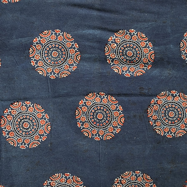 Pure Cotton Ajrak Blue With Red Circle Mahindi Design  Hand Block Print Fabric