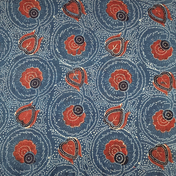 Pure Cotton Ajrak Blue With Red Heart Flower Jaal Hand Block Print Fabric