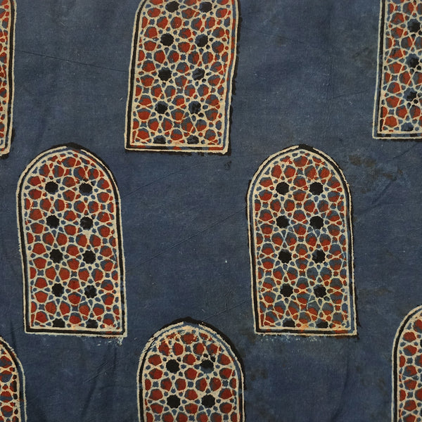 Pure Cotton Ajrak Blue With Red Window   Hand Block Print Fabric