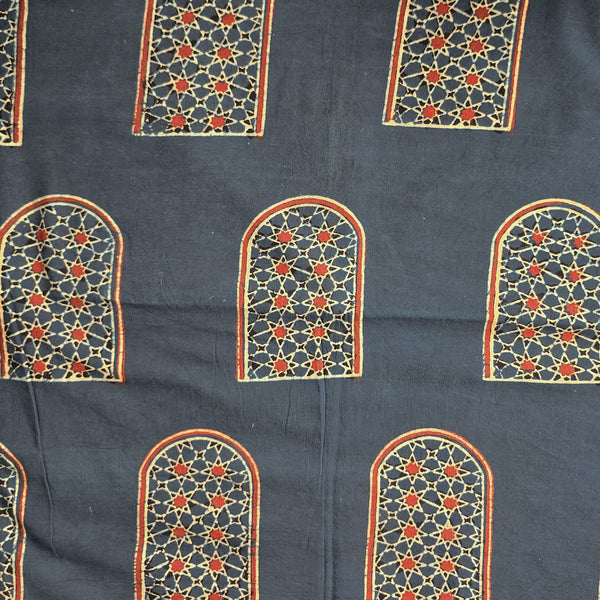 Pure Cotton Ajrak Blue With Red Window Hand Block Print Fabric