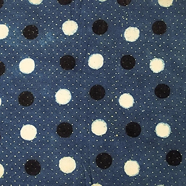 ( PRE-CUT 1.45 METER ) Pure Cotton Ajrak Blue With Tiny Dots And White  And Black Polka Dots Hand Block Print Fabric