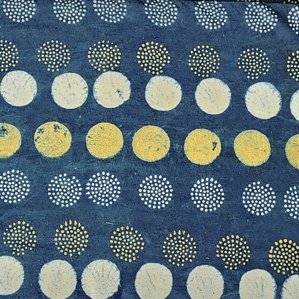 Pure Cotton Ajrak Blue With White And Mustard Two Different Type Of Circle Hand Block Print Fabric