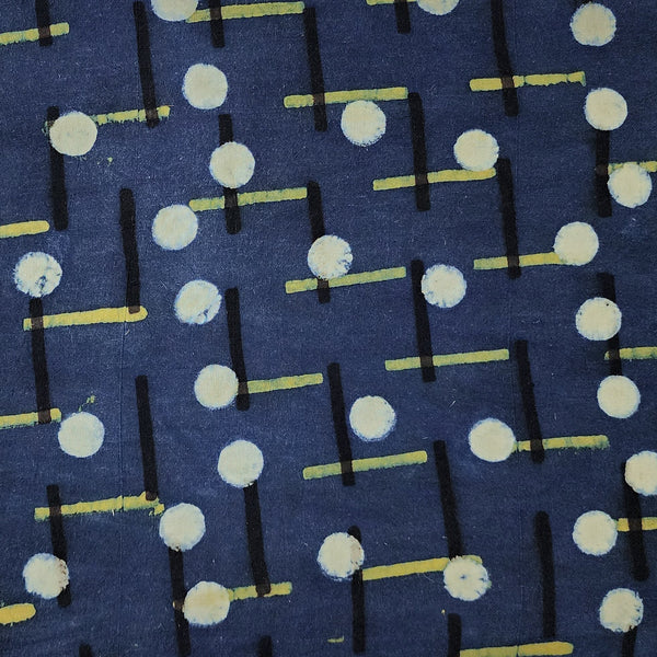 Pure Cotton Ajrak Blue With White Dots And Black  And Green  Stripes Hand Block Print Fabric