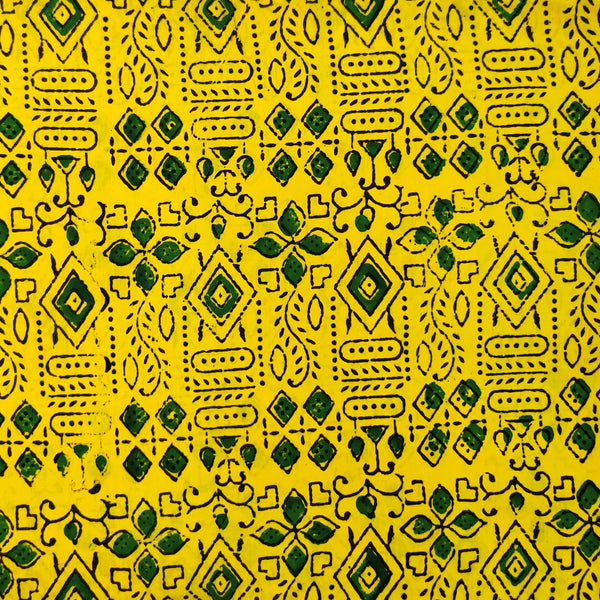 PRE-CUT 1.5 Meter Pure Cotton Ajrak Bright Yellow With Green Tribal Print Hand Block Print Fabric