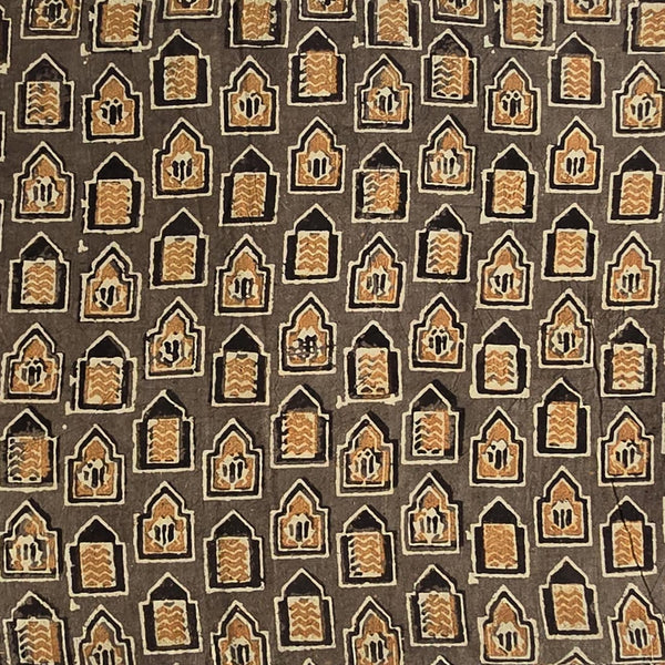 Pure Cotton Ajrak Brown With Black And Orange Mahal Hand Block Print Fabric